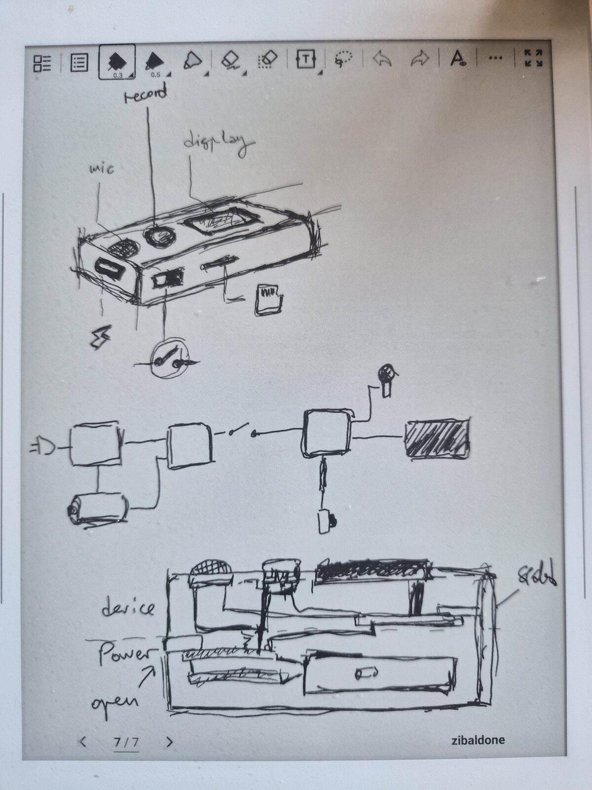 Supernote sketch — device pictorial with mic, record button and display labelled; power/signal block diagram; section through the enclosure
